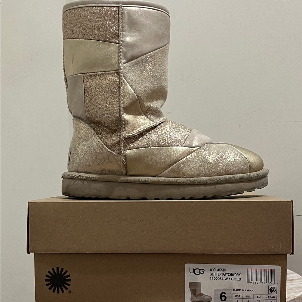 UGG Metallic Patchwork Boots in Gold and Cream